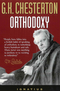 Book cover of 'Orthodoxy' by G.K. Chesterton with a portrait of the author on a red background.