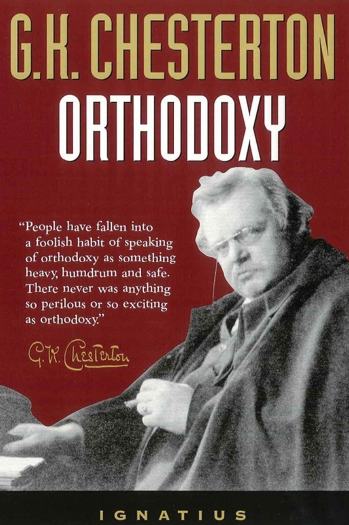 Book cover of 'Orthodoxy' by G.K. Chesterton with a portrait of the author on a red background.