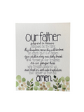 Plaque with the Lord's Prayer text and green leaf design on a white background
