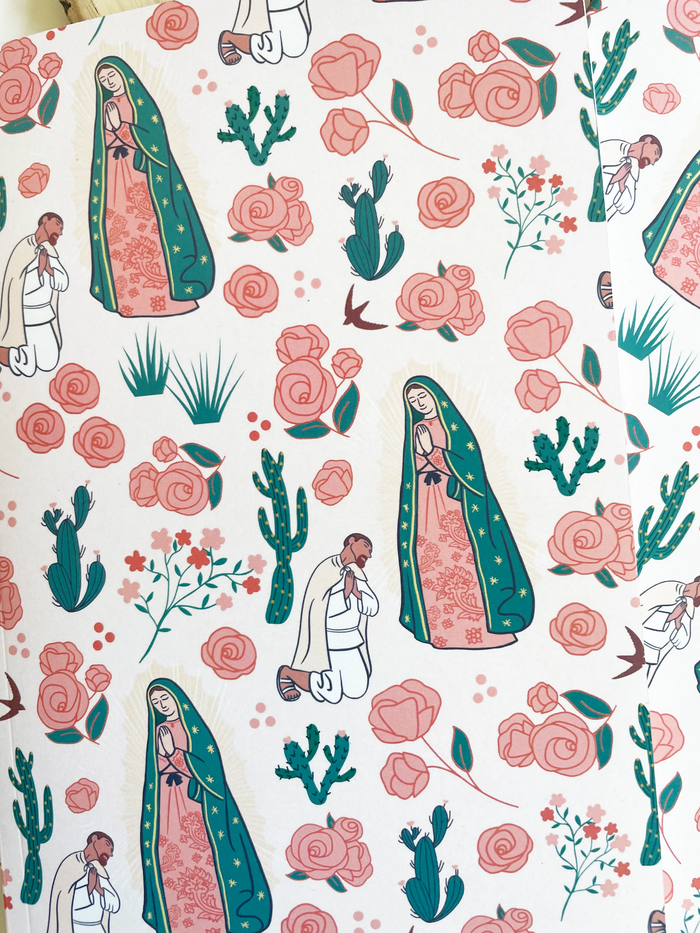 Notebook  with illustrations of a woman in a green cloak, flowers, and cacti on a white background.