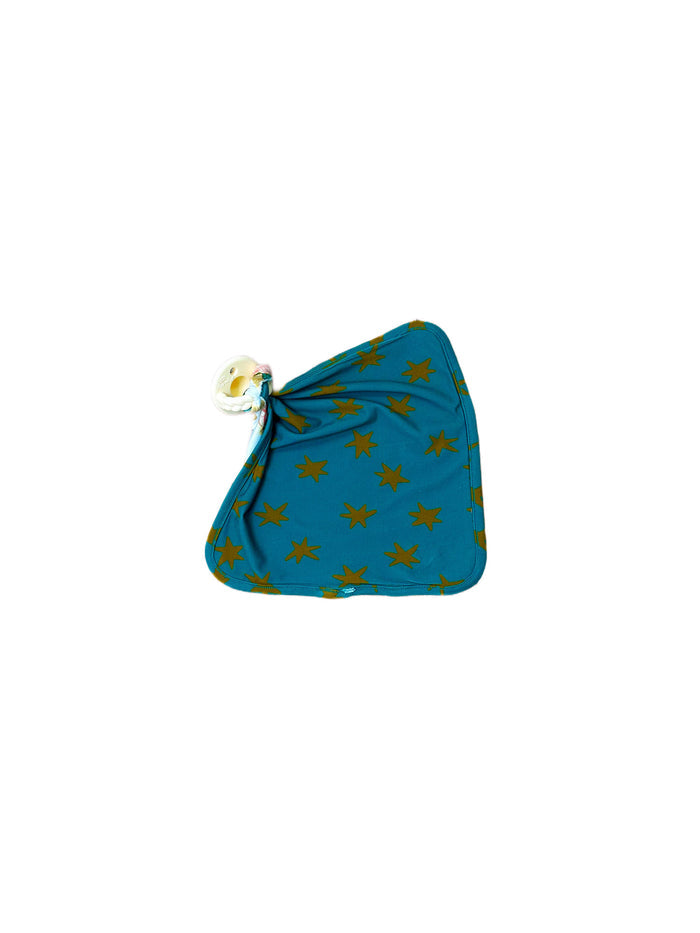 Blue fabric with gold star patterns on a white background