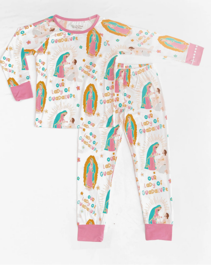 Children's pajama set with Guadalupe design on a white background