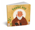 Book titled 'Little Saint Stories Padre Pio' with an illustration of a saint on the cover.