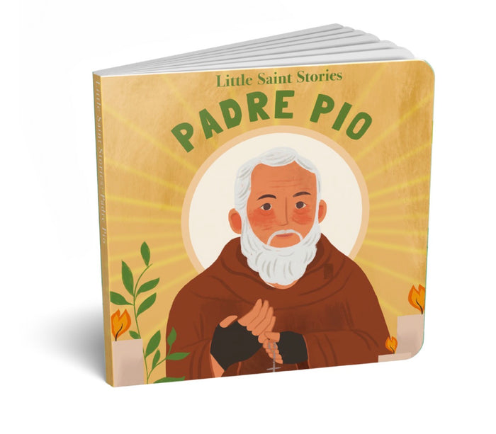 Book titled 'Little Saint Stories Padre Pio' with an illustration of a saint on the cover.