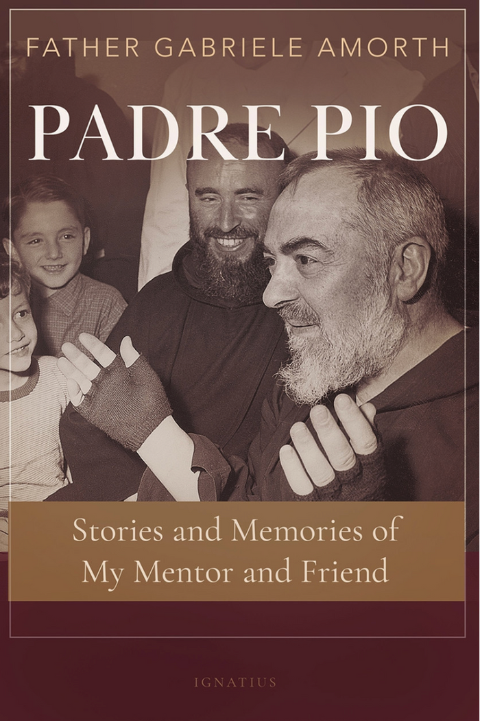 Book cover of 'Padre Pio: Stories and Memories of My Mentor and Friend' by Father Gabriele Amorth, featuring a photograph of Padre Pio with children.