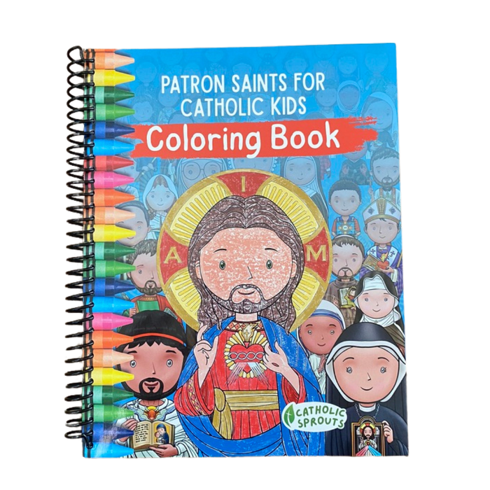 Coloring book titled 'Patron Saints for Catholic Kids' with illustrations and a spiral binding.
