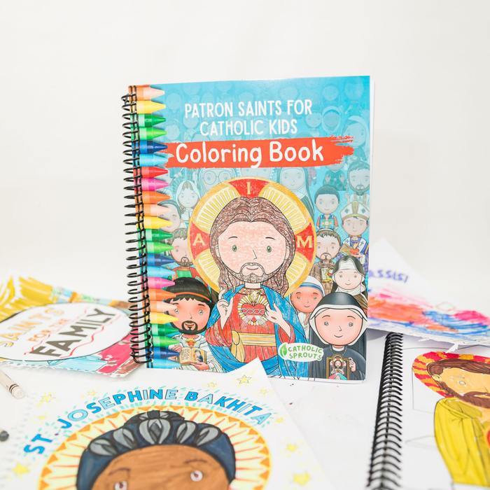 Coloring book titled 'Patron Saints for Catholic Kids' with coloring pages on a white background