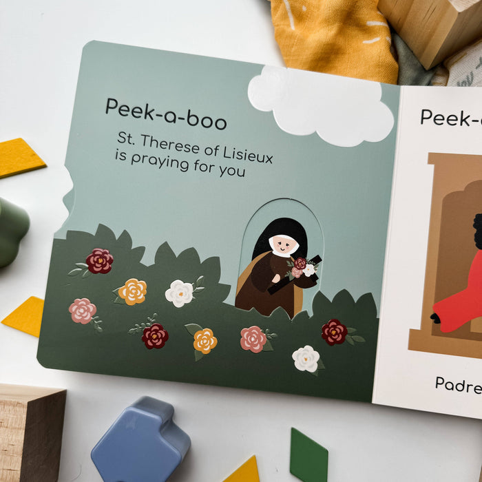 Children's book with illustrations and text on a white surface