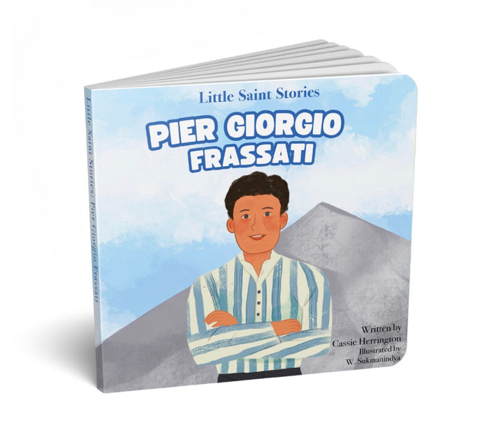 Book titled 'Pier Giorgio Frassati' with a character illustration on the cover