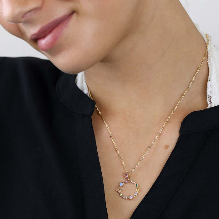 POM - Golden decorative circle necklace with mixed crystals