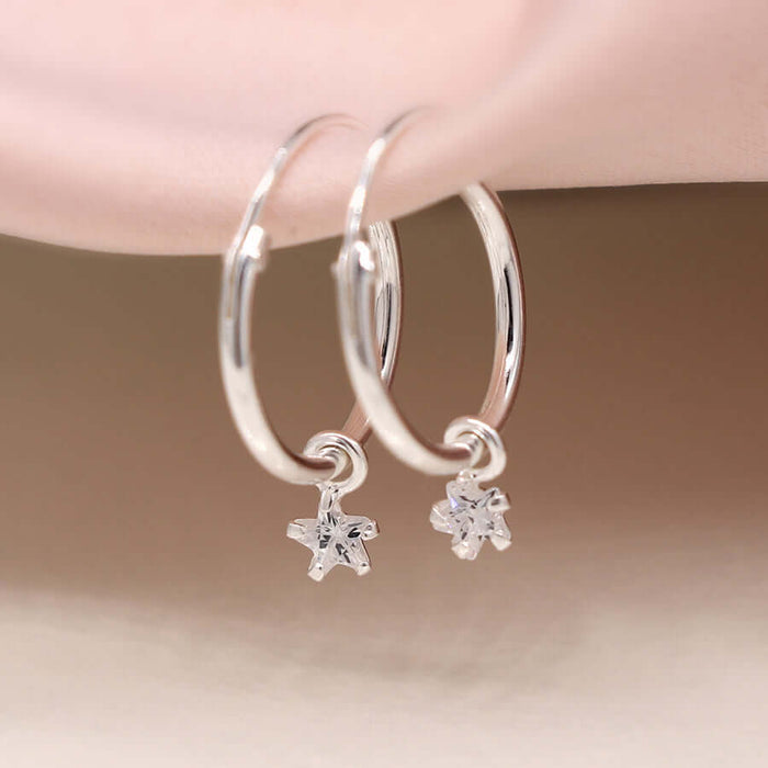 POM925 - Sterling silver creole hoop earrings with cz stars