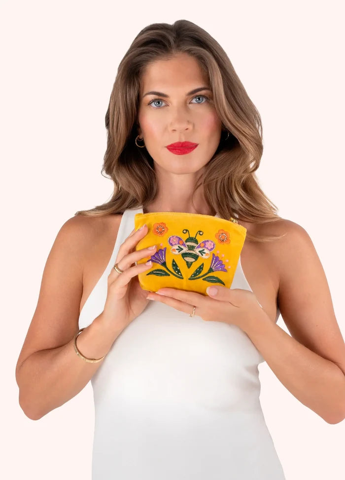 Powder Design Embroidered Velvet Mini Pouch - Brilliant Bumblebee