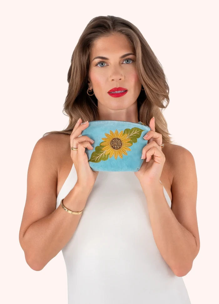 Powder Design Embroidered Velvet Mini Pouch - Summer Sunflower