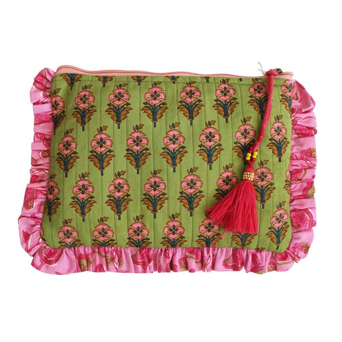 Powellcraft - Green Quilted Make Up Bag With Pink Ruffle Trim