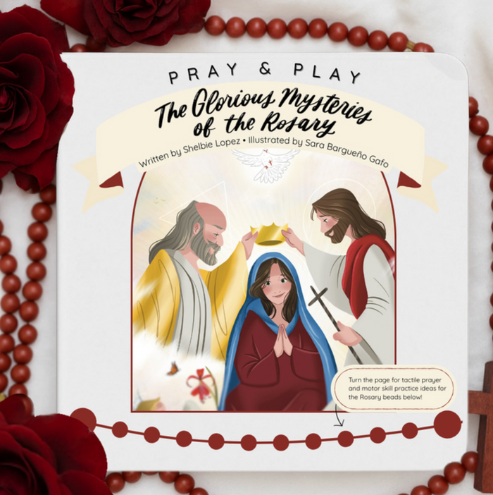 Mary being crowned with Roses and Rosaries in background