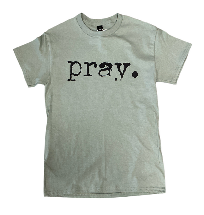 Gray t-shirt with 'pray.' text on a white background