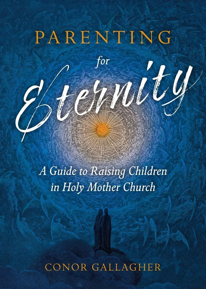 Book cover of 'Parenting for Eternity' with a blue background and central design.