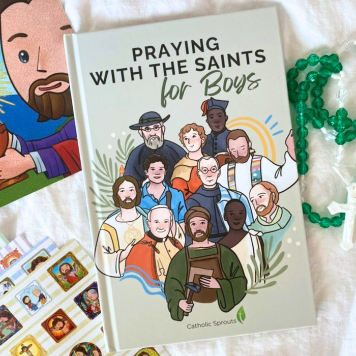 Book titled 'Praying with the Saints for Boys' featuring illustrations of saints on a white background.