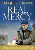 Book cover of 'Real Mercy' by Jacques Philippe with a man and child outdoors.
