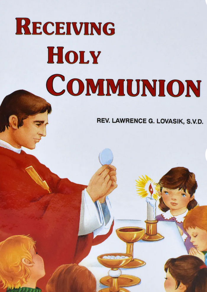 'Receiving Holy Communion' book with children and priest on cover