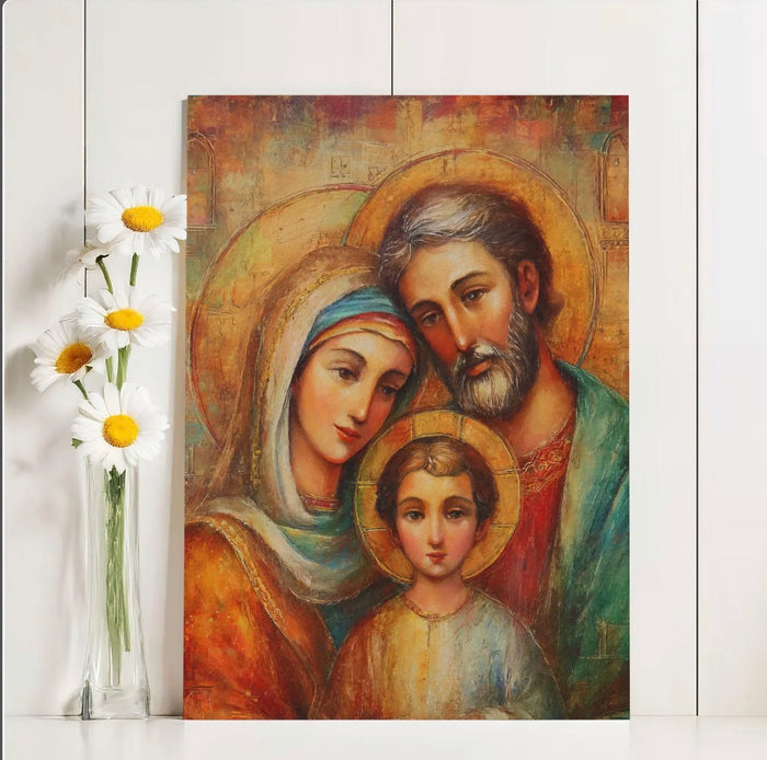 Painting of a religious scene with three figures on a white wall.