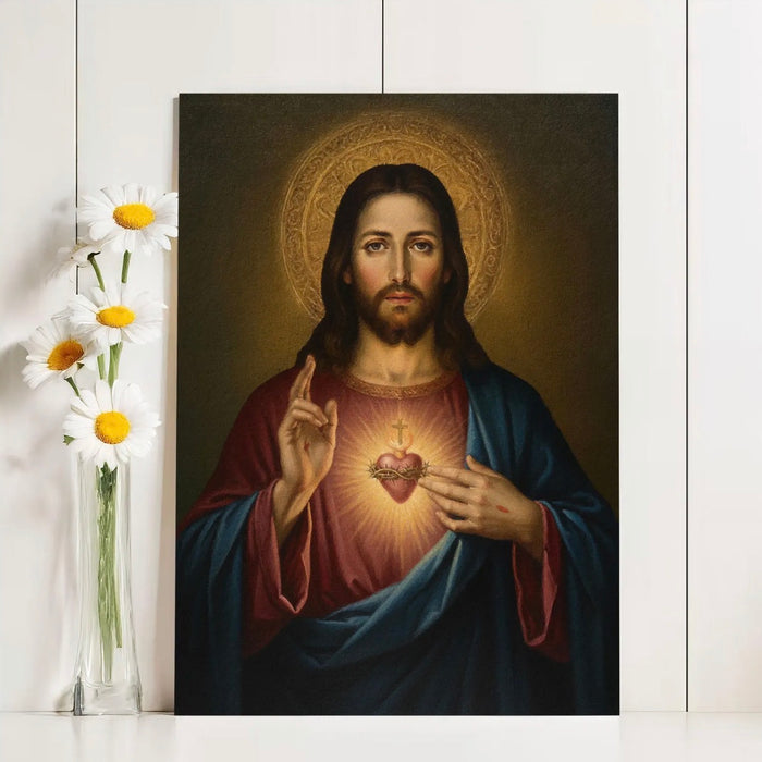 Painting of a Jesus with a halo on a white wall next to a vase of flowers.