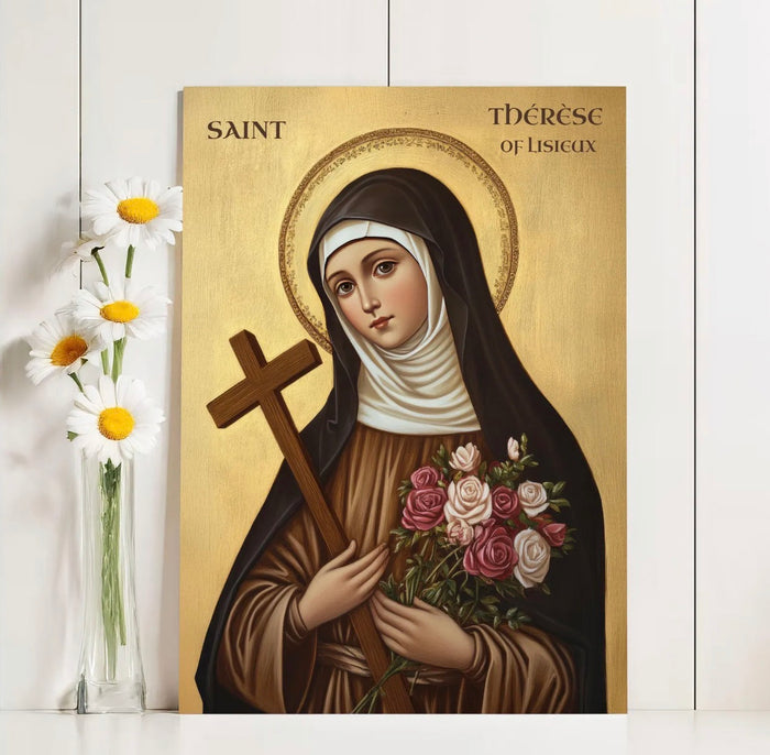 Painting of Saint Therese of Lisieux with a cross and flowers on a gold background