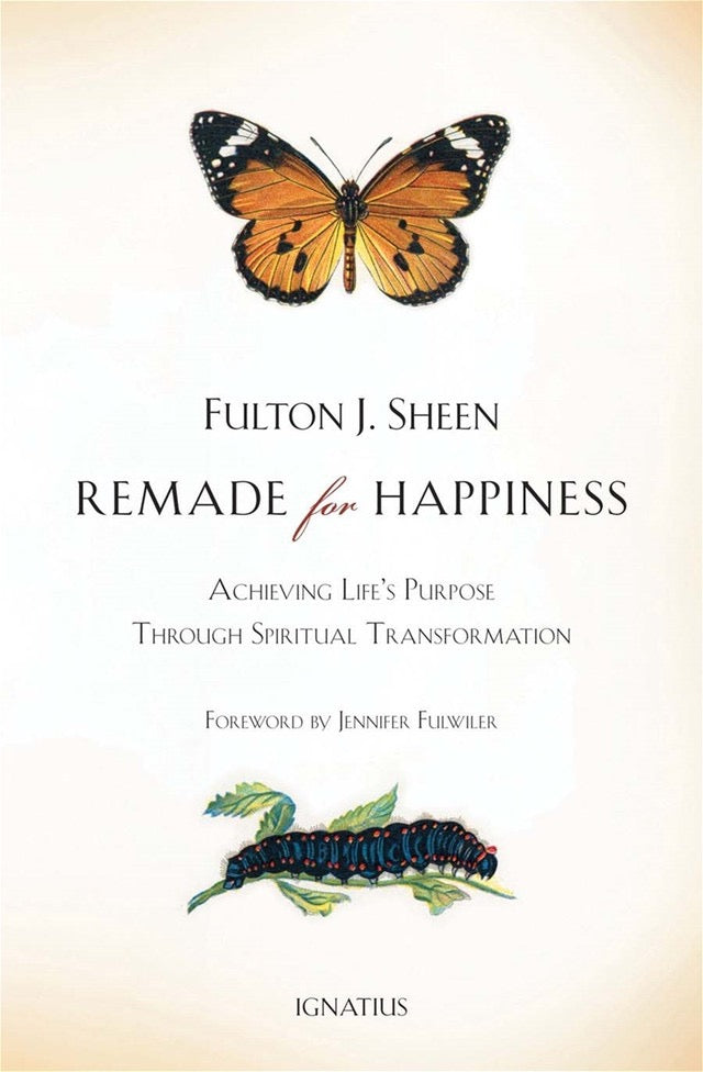 Book cover of 'Remade for Happiness' with a butterfly and caterpillar illustration on a beige background.
