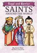Book cover of 'Royal and Warrior Saints Around the World' with illustrations of a king, queen, and warrior.