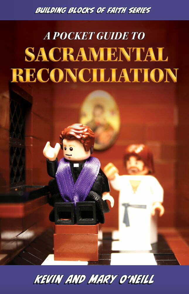 Book cover of 'A Pocket Guide to Sacramental Reconciliation' with LEGO figures on a religious-themed background.