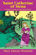 Book cover of 'Saint Catherine of Siena' with a illustration of a girl in a purple dress in a green landscape.