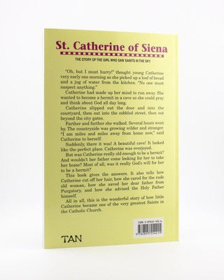 Book back cover with text about St. Catherine of Siena and a yellow label.