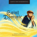 Book cover of 'Saint Dominic and the Rosary' with a person praying and yellow ribbons against a blue sky.