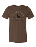 Brown t-shirt with St. Francis graphic and text on a white background