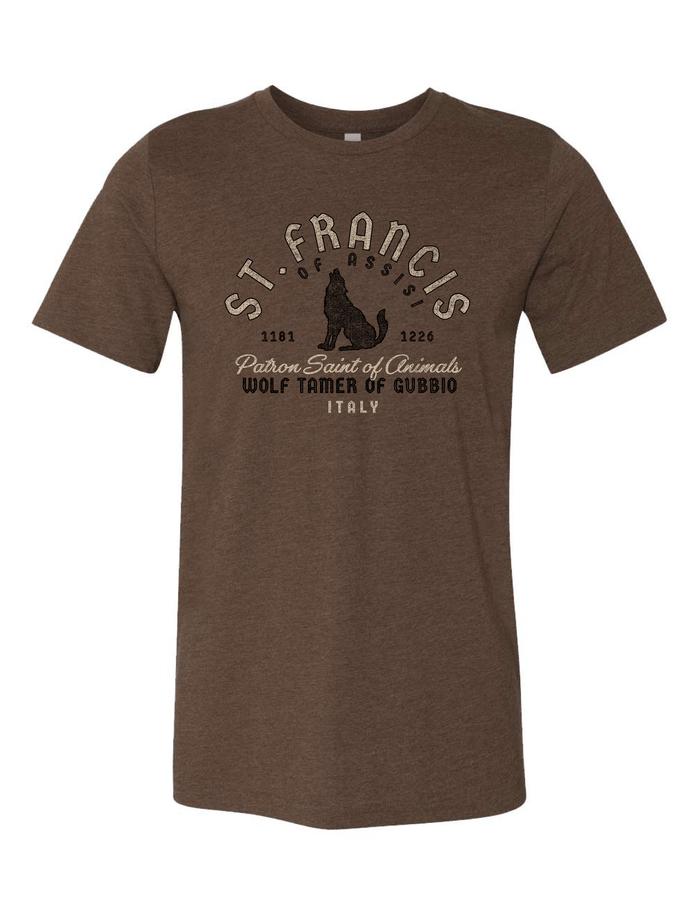 Brown t-shirt with St. Francis graphic and text on a white background