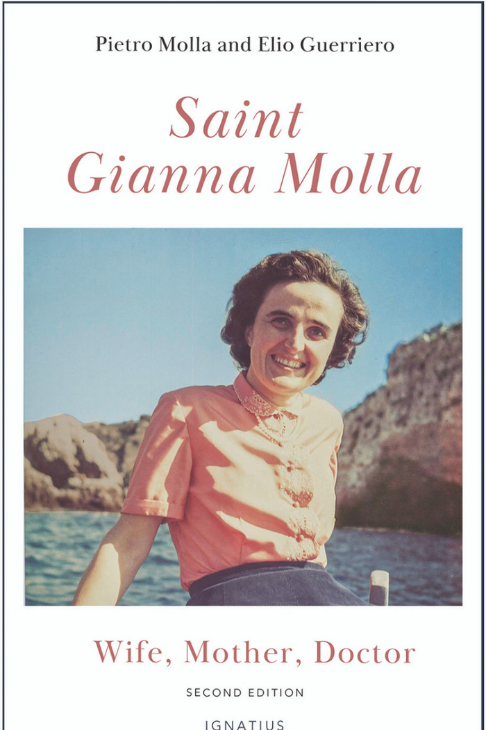 Book cover of 'Saint Gianna Molla: Wife, Mother, Doctor' with a photo of a woman on a boat.