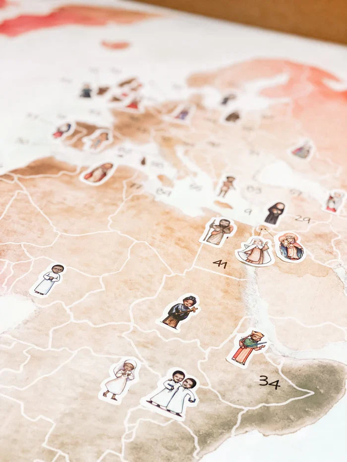 Map of a region with illustrated figures and numbers on a textured surface