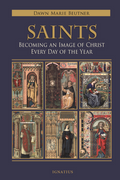 Book cover of 'Saints: Becoming an Image of Christ Every Day of the Year' by Dawn Marie Beutner with illustrations of saints.