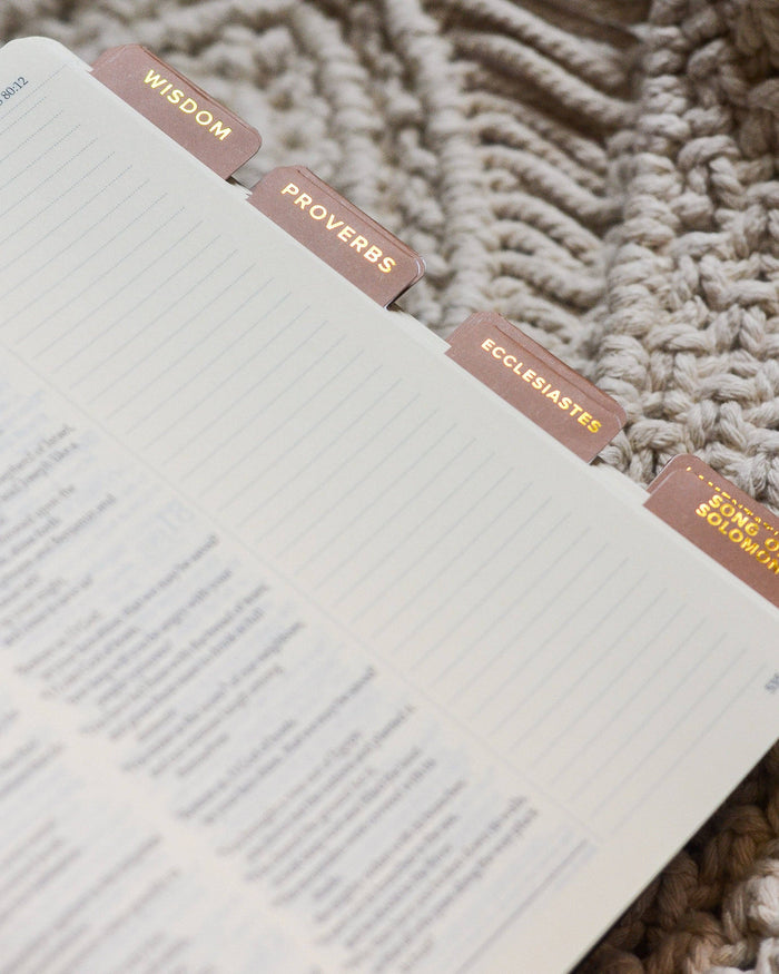 Open book with chapter tabs on a textured surface