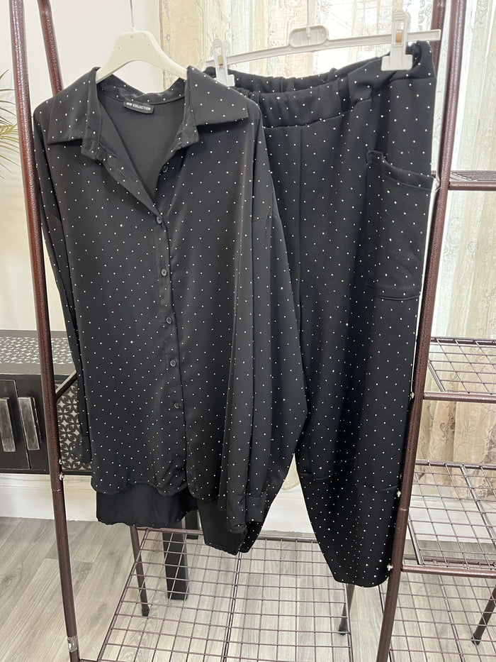 Silver Stud Satin Feel Shirt & Trouser
