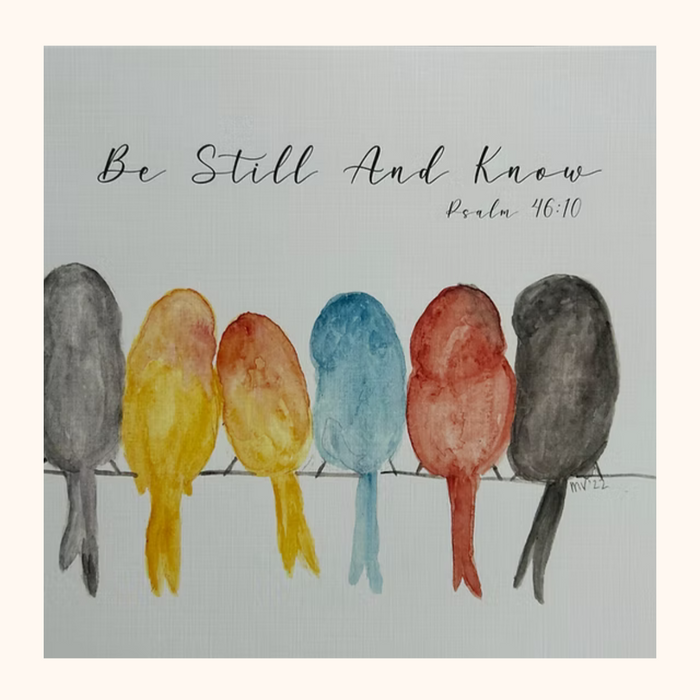 Product listing for 'Be Still And Know' watercolor art with scripture text
