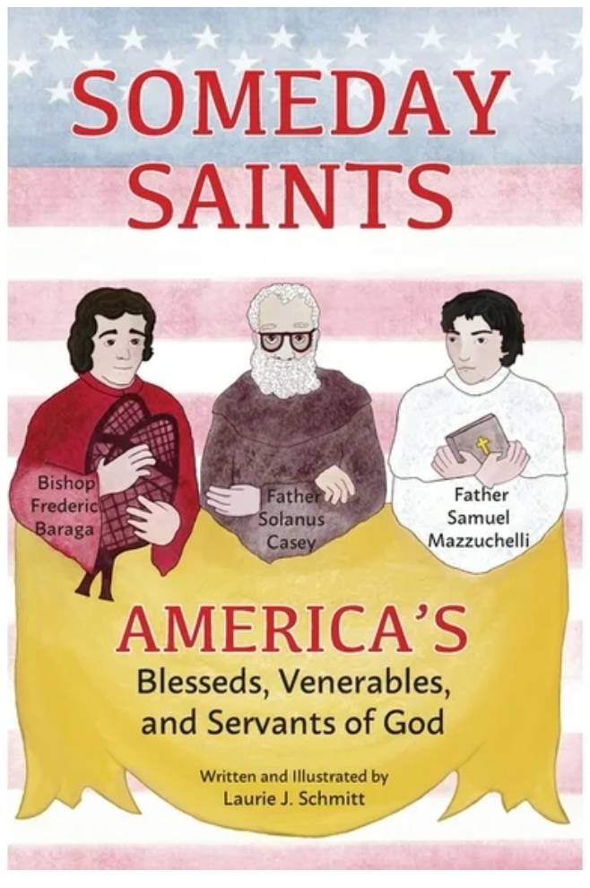 Book cover of 'Someday Saints' with illustrations of three figures and text about American saints.