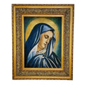 Framed artwork of a religious figure with a gold and blue color scheme.