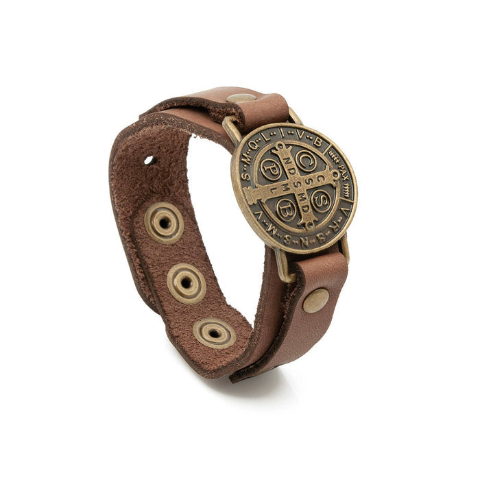 St. Benedict Leather Wristband   7"