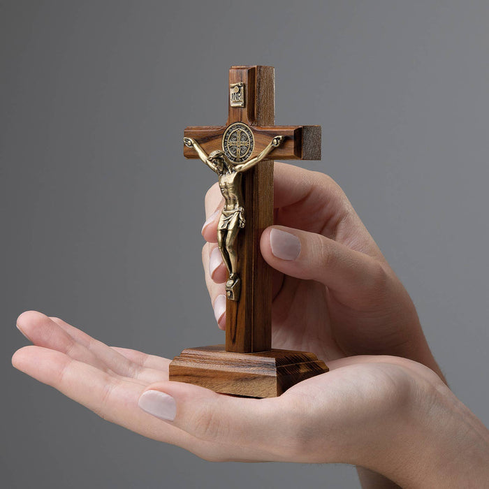 St. Benedict Medal Wooden Cross w/ Stand   5"