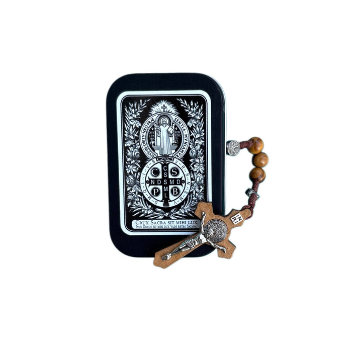 St. Benedict Wooden Rosary in Tin w/ Prayer