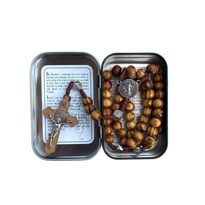 St. Benedict Wooden Rosary in Tin w/ Prayer