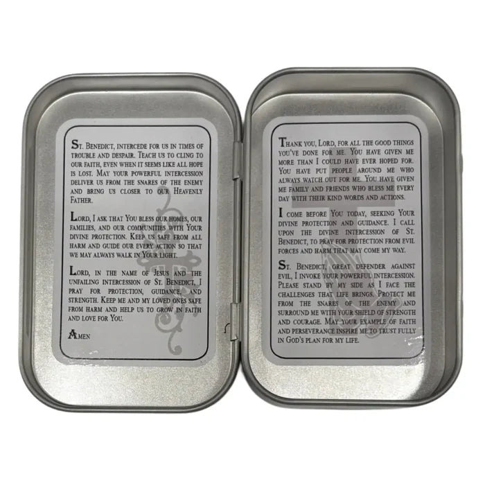 St. Benedict Wooden Rosary in Tin w/ Prayer
