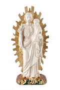 Statue of a religious figure holding a child with a gold halo on a white background