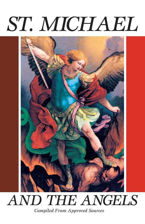 Book cover of 'St. Michael and the Angels' with an illustration of an angel on a red and brown background.